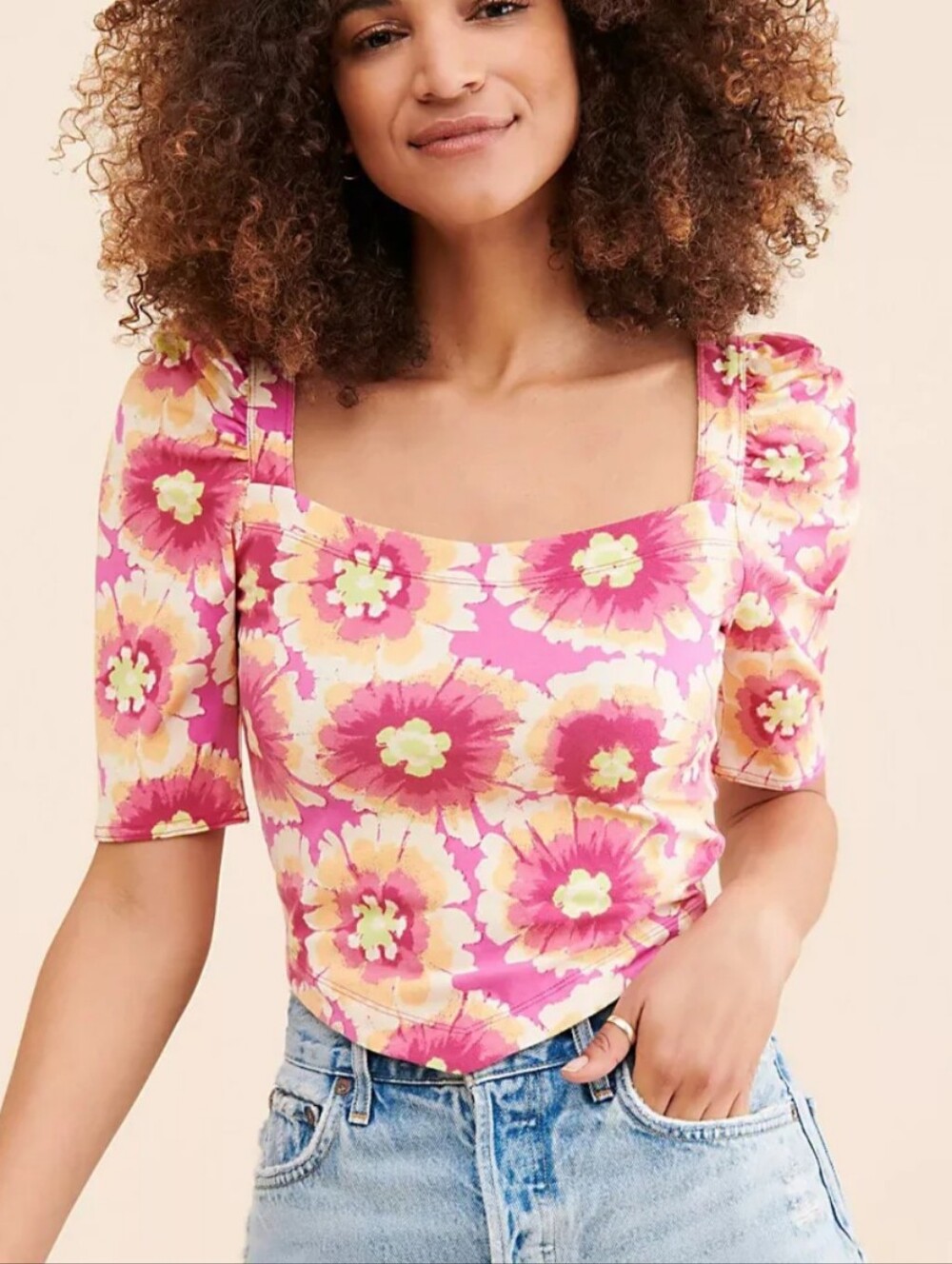 Free People Give Me More Floral Puff Sleeve Crop Top Pink Size L